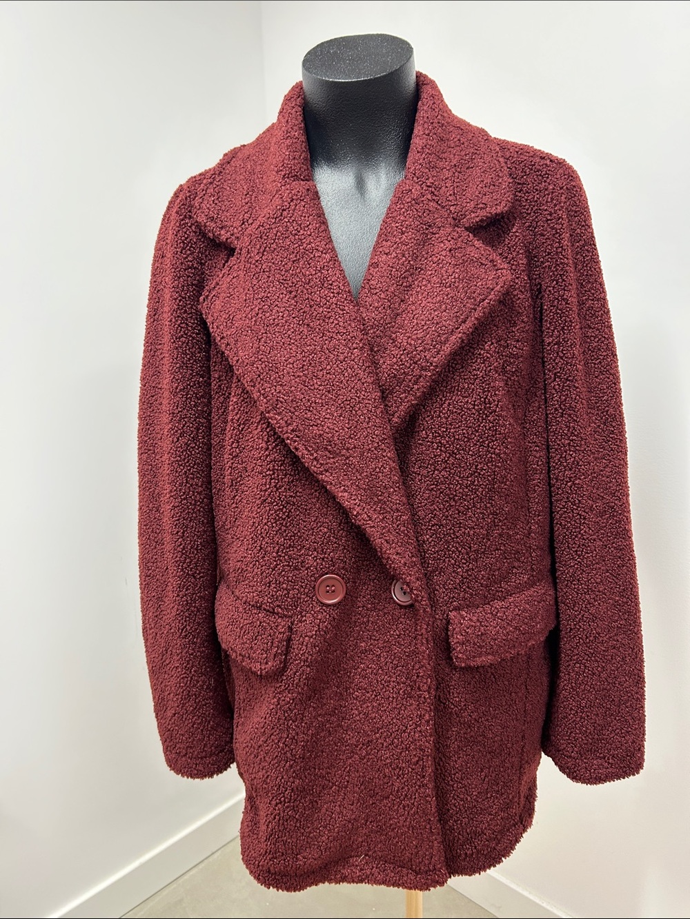 Joujou Burgundy Teddy Bear Faux Fur Double Breasted Coat Jacket Large